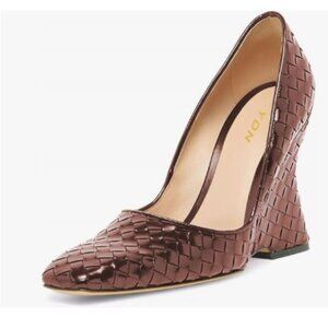 YDN Dark Brown Braid Pumps Wedge High Heels Closed Square Toe Slip On Shoes